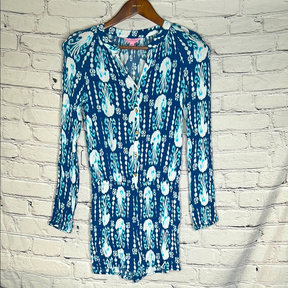 Lilly Pulitzer Blue White Octopus Print Long Sleeve Short Romper Size XX-Small